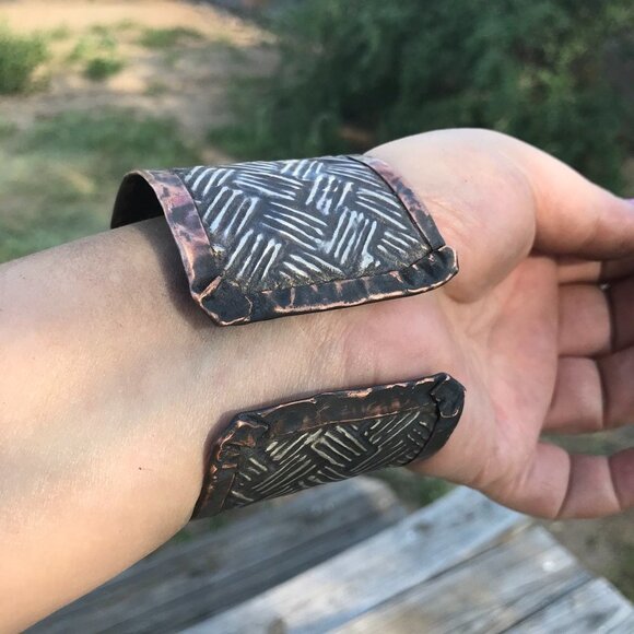 Woven Weave Embossed Sterling Silver 925 Copper Cuff Wide Rustic Handmade - Picture 13 of 13